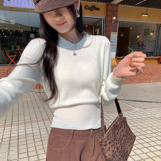 Unique White Peter Pan Collar Knit Bodysuit for Women,Waist-Cinching, Slimming Inner Layer Top