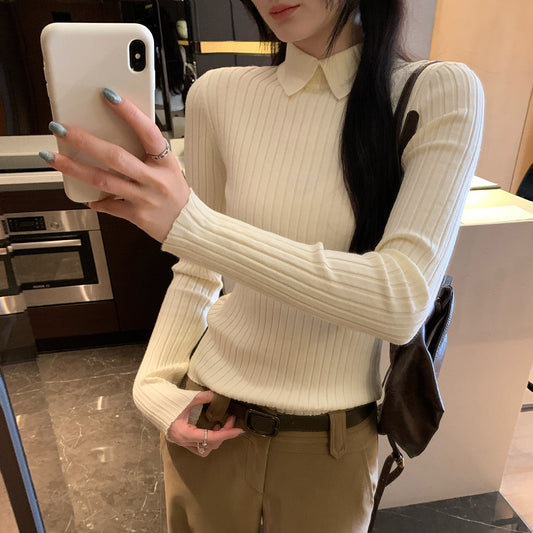 Pique Collar Slim Fit Inner Layer Apricot Knit Top for Women Polo Shirt Elegant Blouse